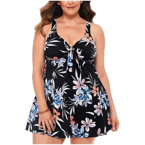 Swim Solutions Tropical Floral Lanai Tummy Control Swimdress One Piece Bow 10 - Picture 1 of 3